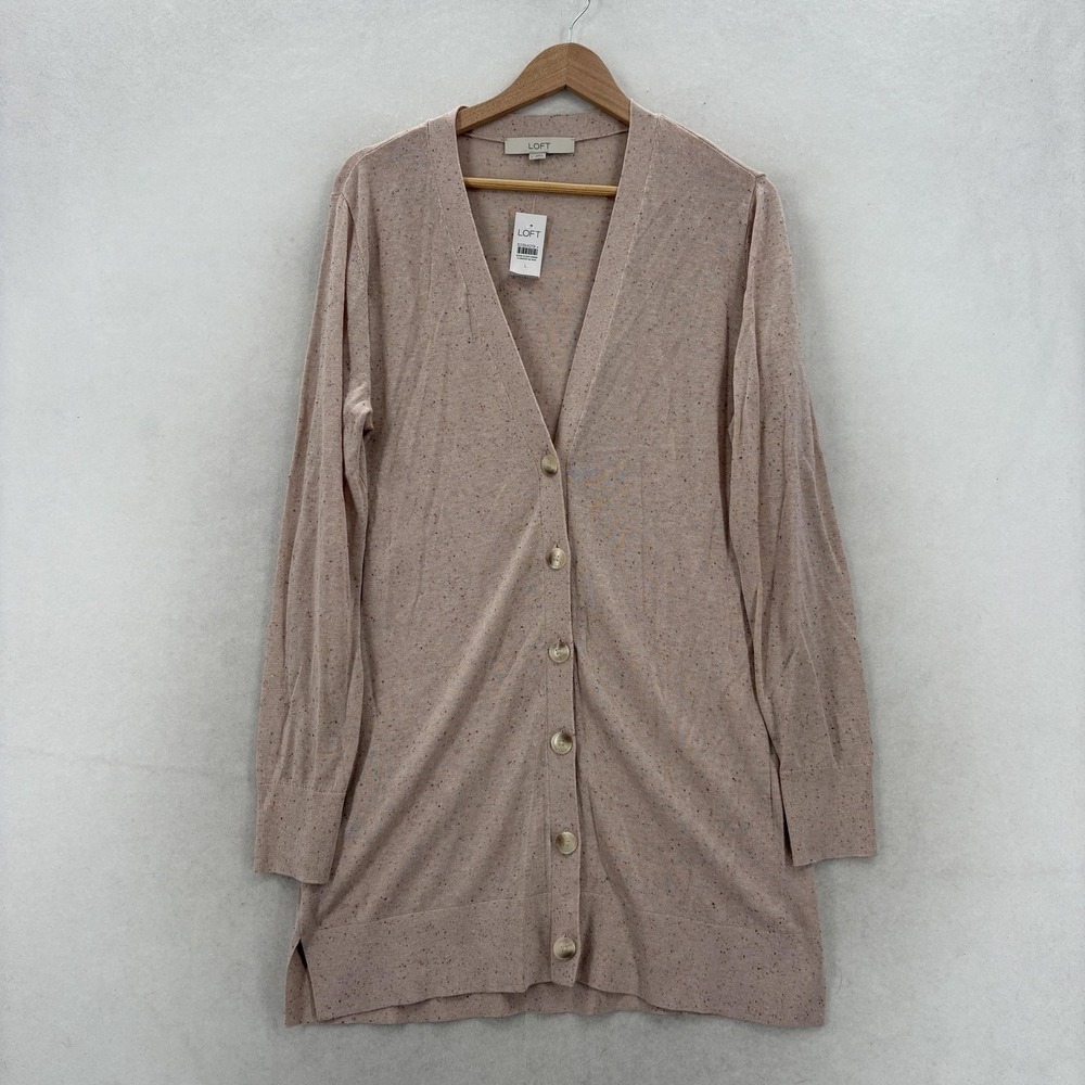 LOFT Cardigan Sweater Womens Large Pink Lyocell Cotton V Neck Longline Knit NWT